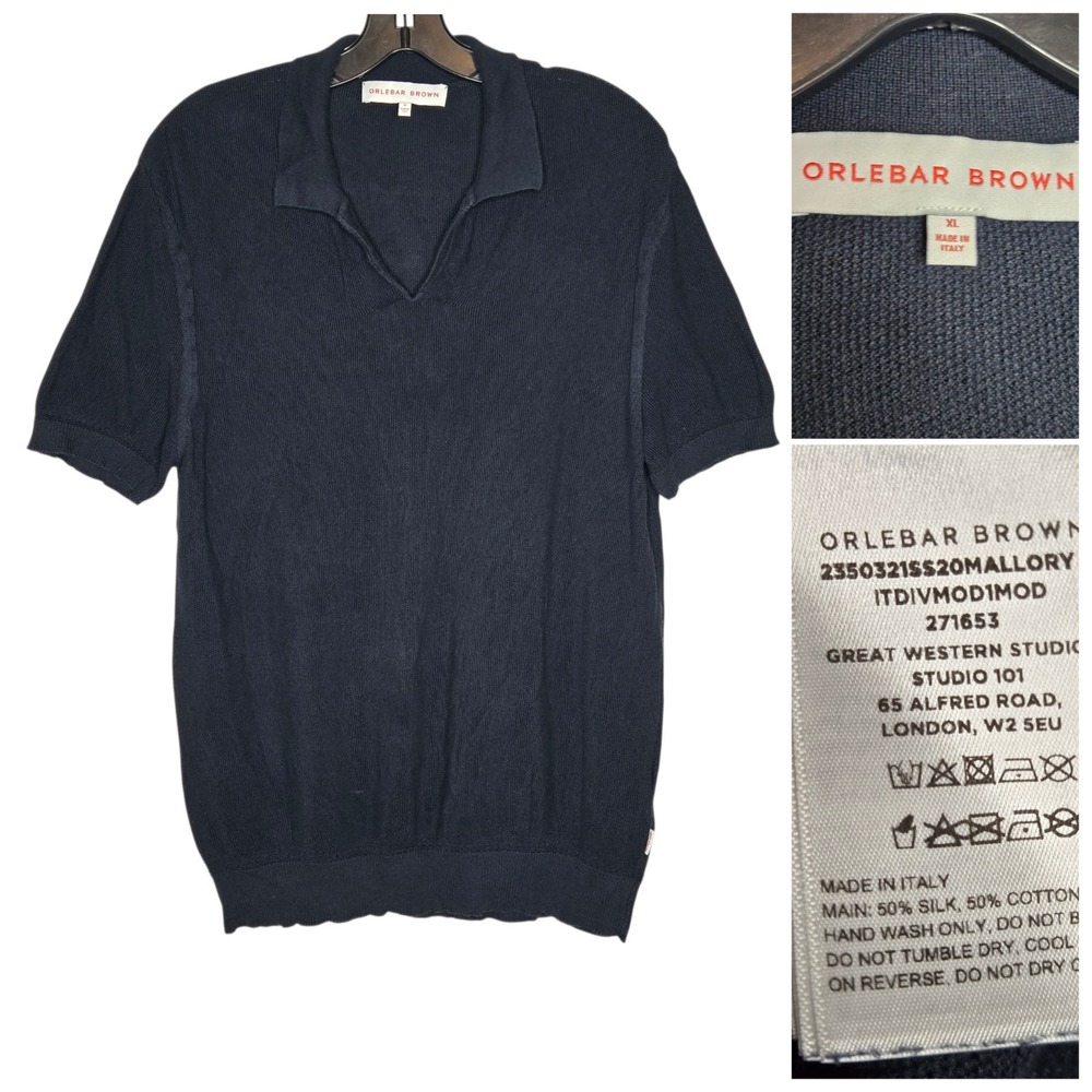 Orlebar Brown Mallory Navy Blue Knit Polo Shirt Silk Cotton V-Neck Men XL Luxury